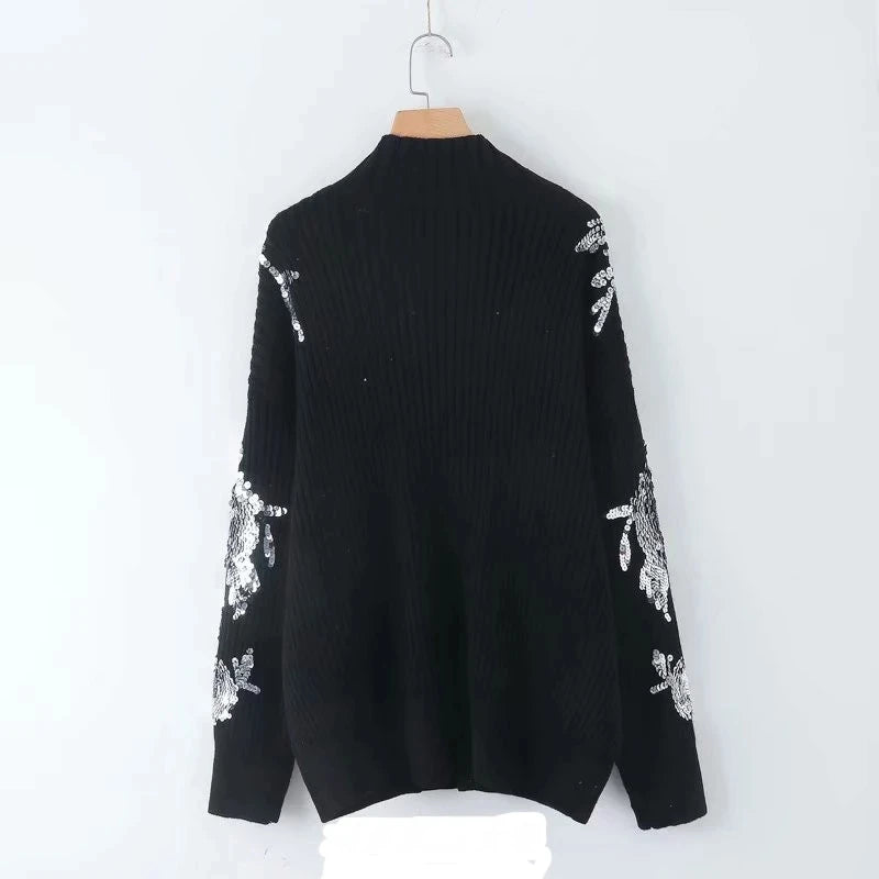 Pre Order:  Sequined Flower Knitted Long Sleeved Sweater