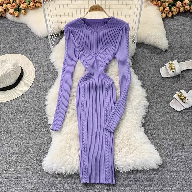 Pre Order:  Round Neck Tight Elastic Pleated Knitted Dress