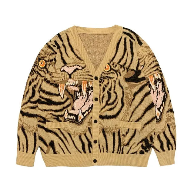 Vintage Tiger Totem V-Neck Knitted Cardigan Sweater