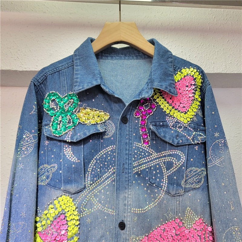 Sequin Heart Letter Gradient Long Sleeved Denim Shirt