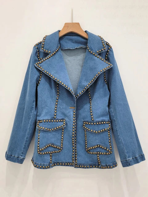 Pre Order:  Notched Collar Pocket Rivet Long Sleeved Denim Jacket