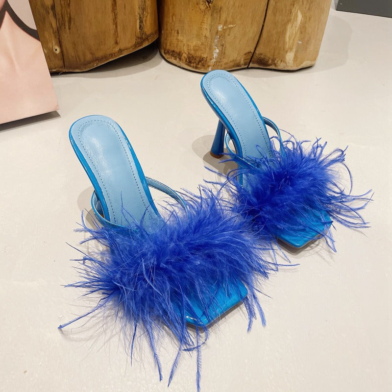 Pre Order:  Feather Square Toe Stiletto Mule Sandals