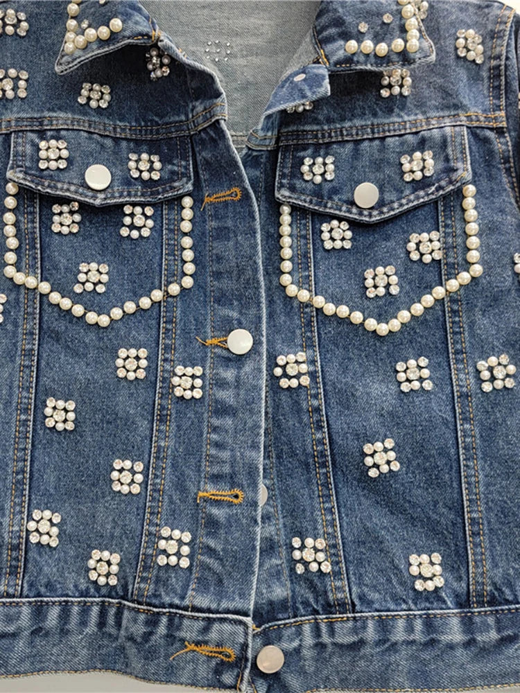 Pre Order:  Pearl Diamond Embroidered Long Sleeved Denim Jacket