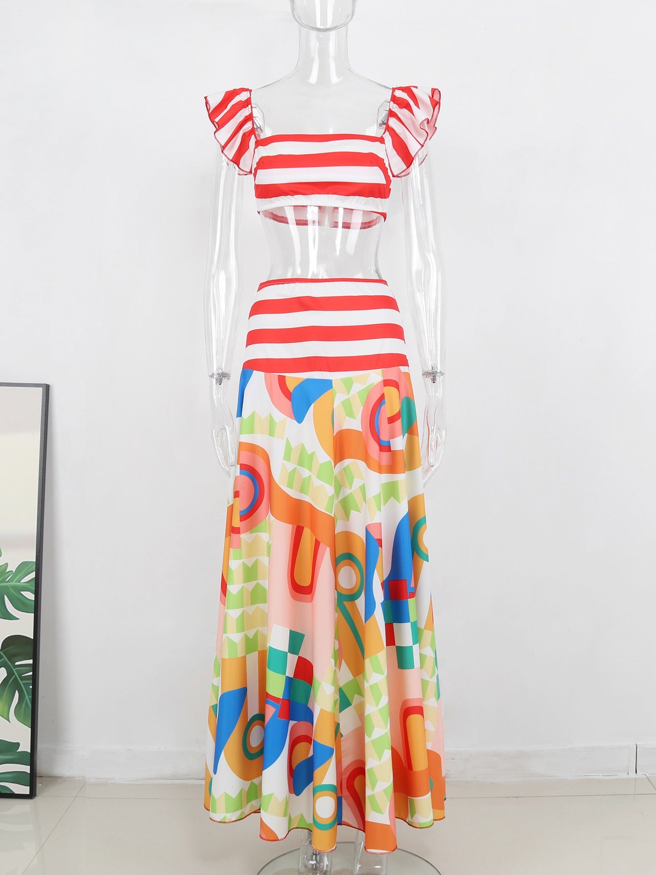 Pre Order:  Red Stripes Printed Cropped Top A-Line Skirt 2-Piece Set