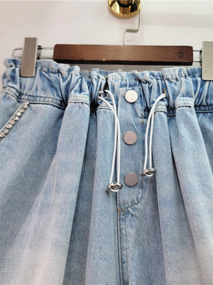 Pre Order:  Diamond Studded High Waist Wide Leg Denim Shorts