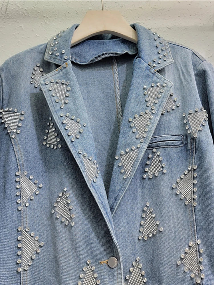 Pre Order:  Triangle Diamond Embroidered Denim Blazer