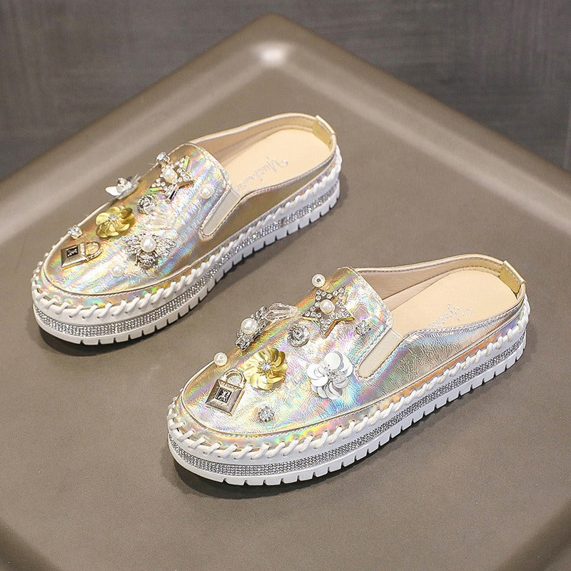 Pre Order:  Thick-Soled Rhinestone Casual Slip On Round Toe Loafers