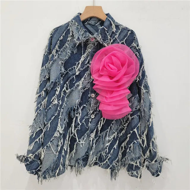 Pre Order:  Loose Fringed 3D Flower Denim Jacket