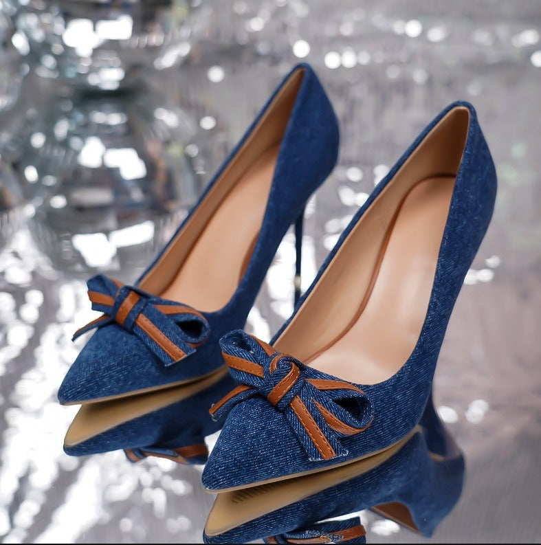 Pre Order:  Denim Bow Shallow Cut Stiletto Pumps