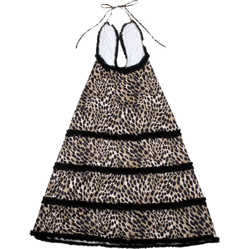 Pre Order:  Backless Leopard Print Halter Hollow Out Maxi Dress