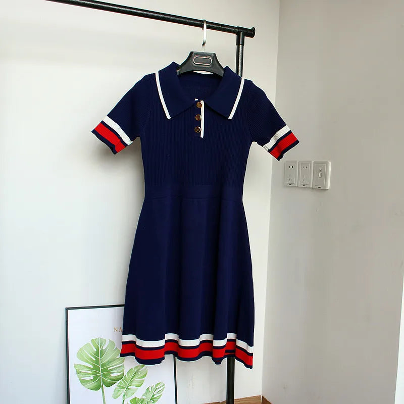 Striped Patchwork A-Line Polo Dress