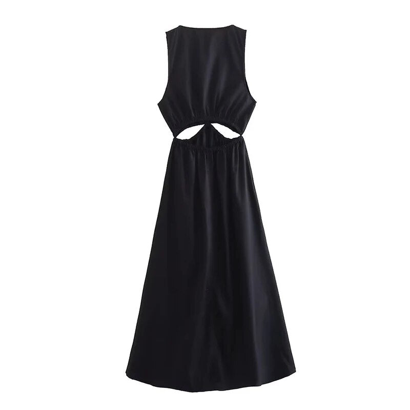 Pre Order:  Casual V-Neck Waist Hollow Out A-Line Dress