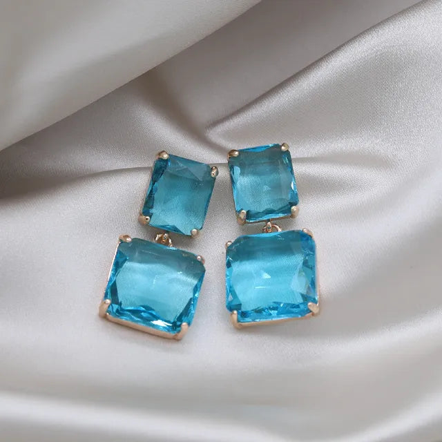 Pre Order:  Double Square Crystal Pendant Drop Earrings