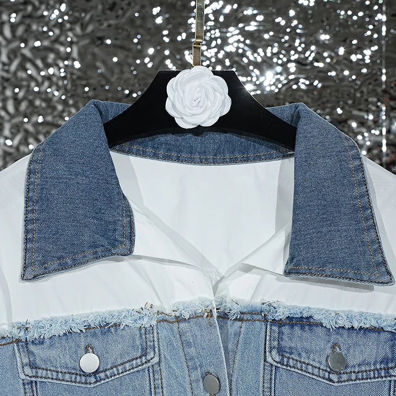 Pre Order:  Denim Patchwork White Long Sleeve Collar Shirt