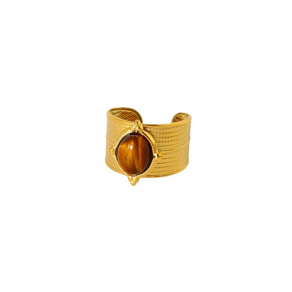 Pre Order:  Retro Gold-Plated Tiger Eye Marble C-Shaped Open Ring