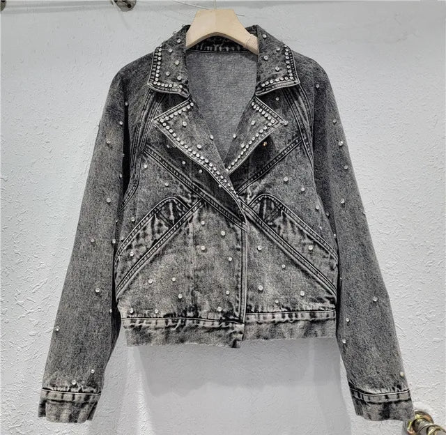 Pre Order:  Nail Bead Inlaid Diamond Denim Jacket