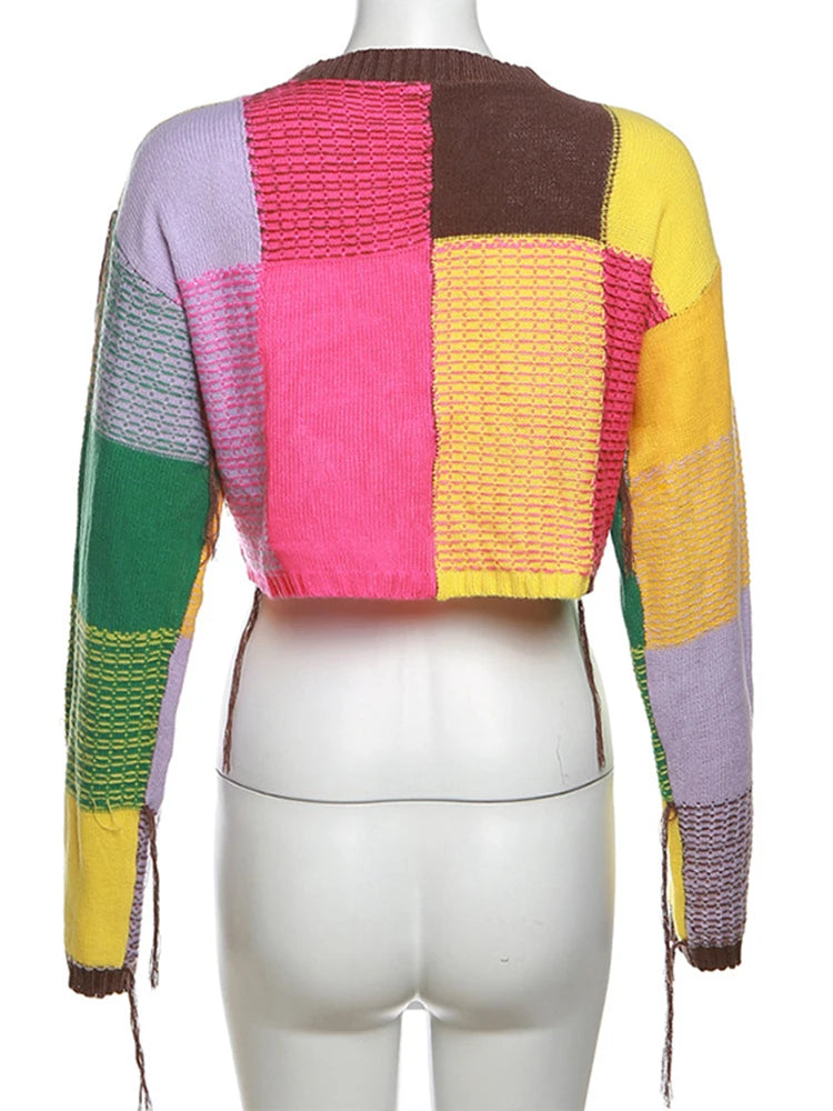 Casual Color Block Knitted Cropped Sweater