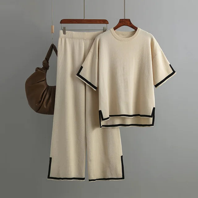 Round Neck Short Sleeve Loose Top + High Waist Pants