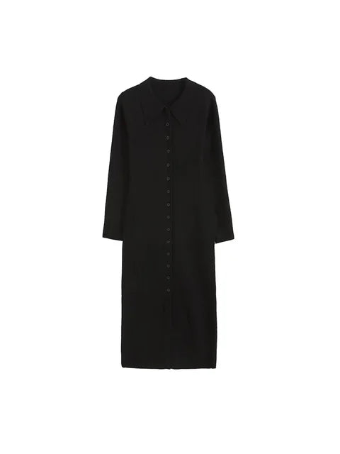 Pre Order:  Knitted Button-Up V-Neck Long Sleeve Midi Dress