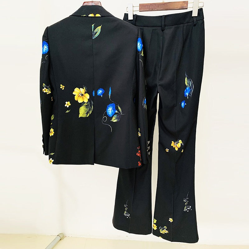 Floral Print Single Button Blazer + Flared Pants