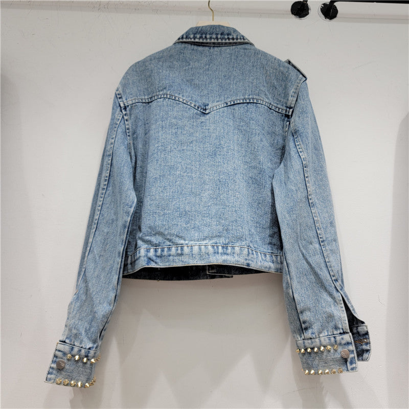 Rhinestone Nail Bead Short Denim Jacket