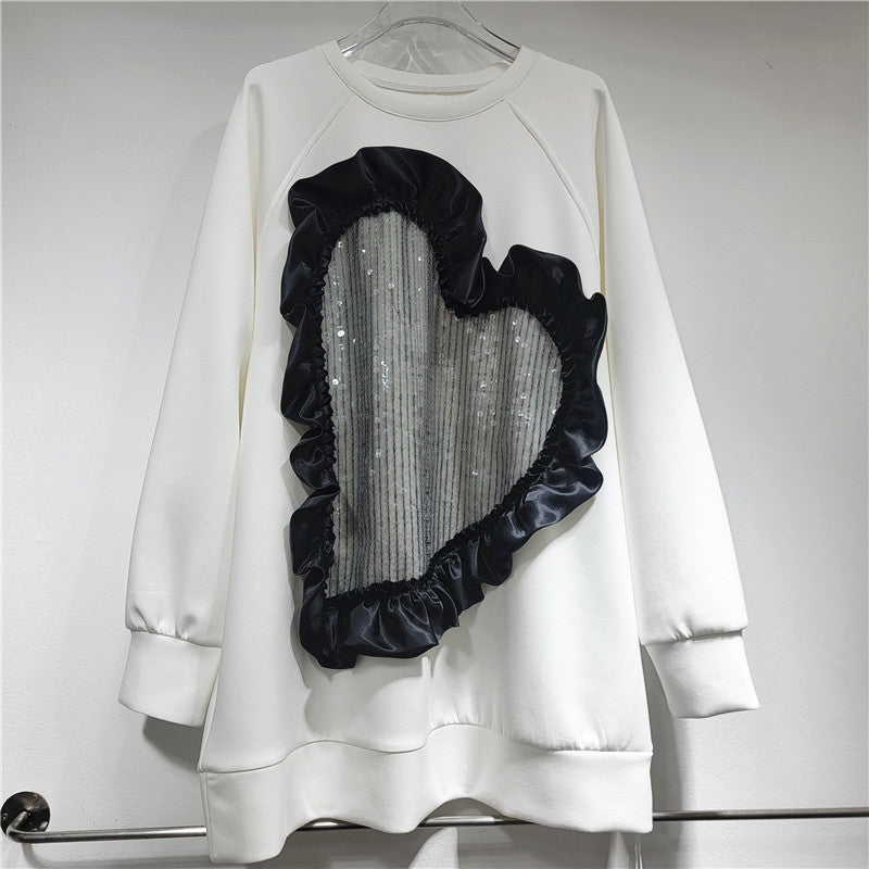 Pre Order:  Heart-Shaped Sequin Splicing Loose Long Sleeved Sweater