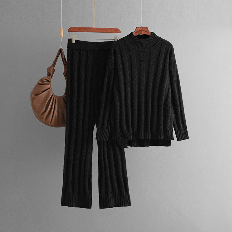 Solid Fried Dough Twists Knit Sweater + Pants Set