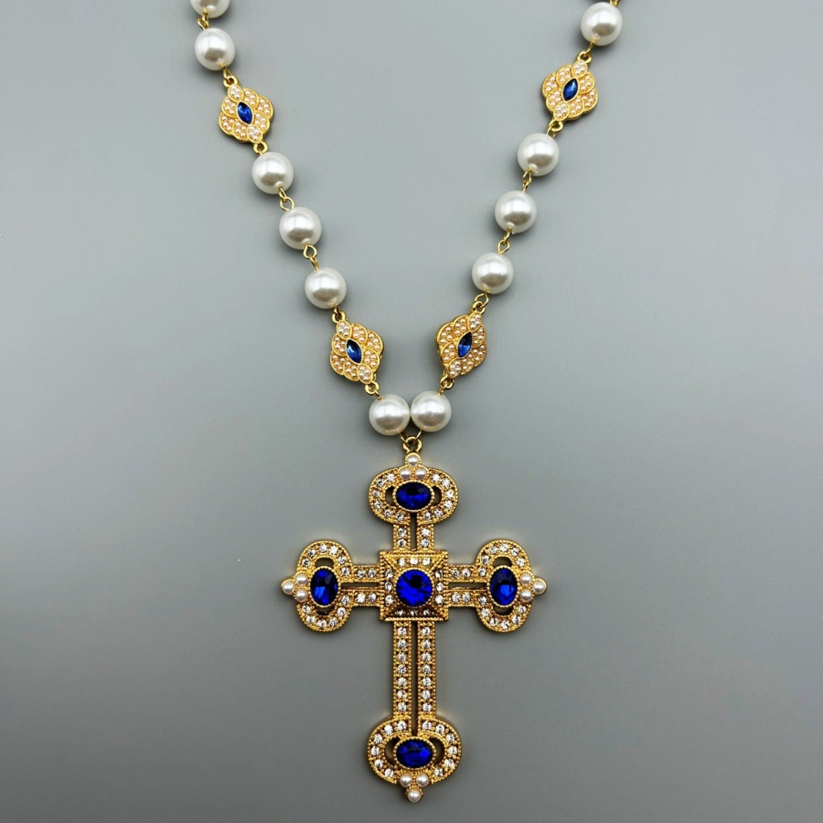 Pre Order:  Retro Diamond Inlaid Cross Pendant Pearl Necklace