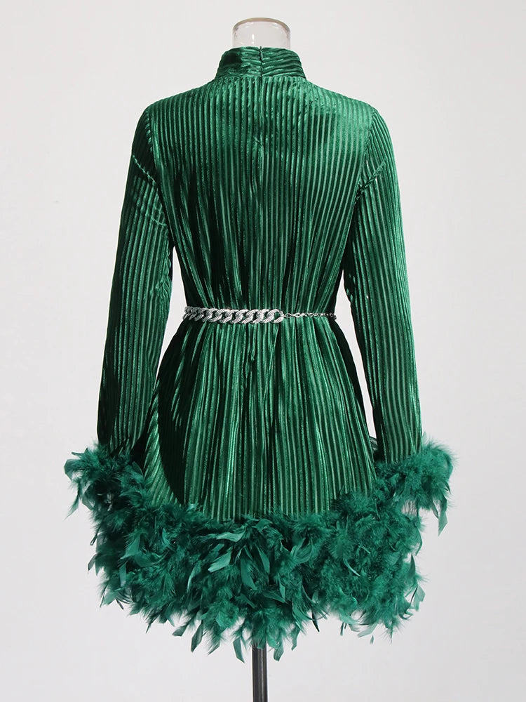 Pre Order:  Solid Patchwork Feather Long Sleeve High Waist Dress