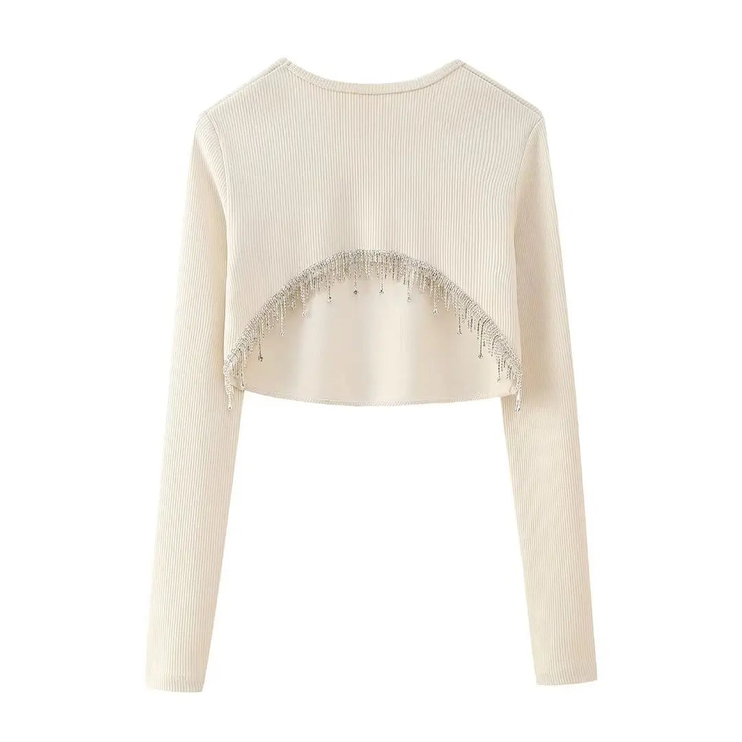 Pre Order:  Knitted White Rhinestones Tassels Long Sleeve Crop Top