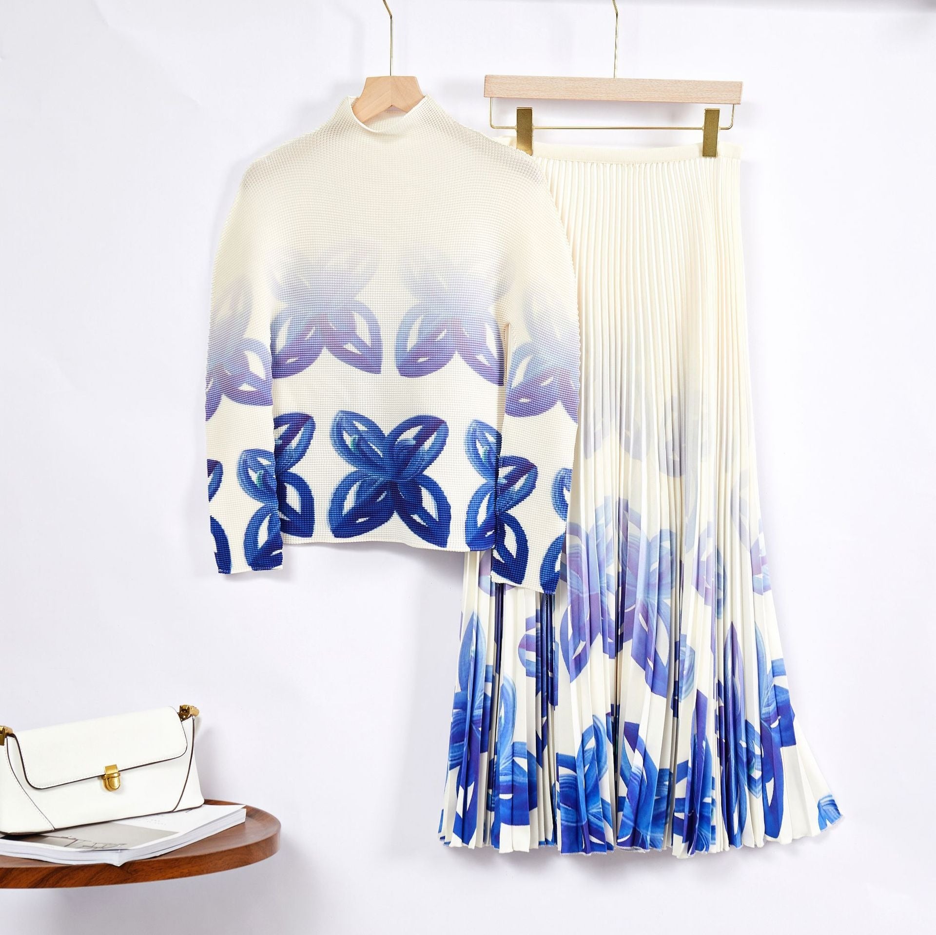 Pre Order:  Contrast Floral Pleated Top+Skirt Set