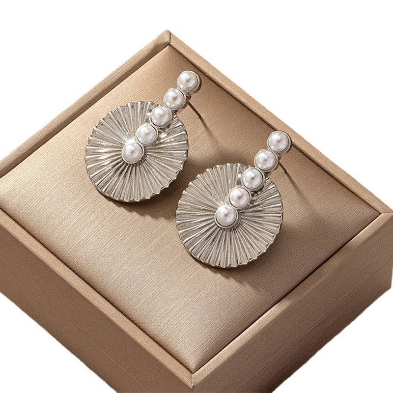 Pre Order:  Pearl Round Fan Shaped Stainless Steel Earrings