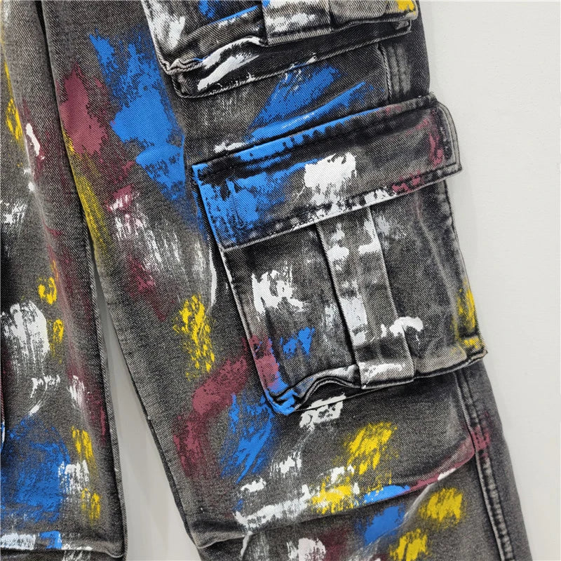 Pre Order:  Spray Painted Graffiti Multi Pocket Cargo Jeans