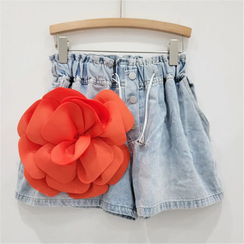 Spliced Flower High Waist Denim Shorts