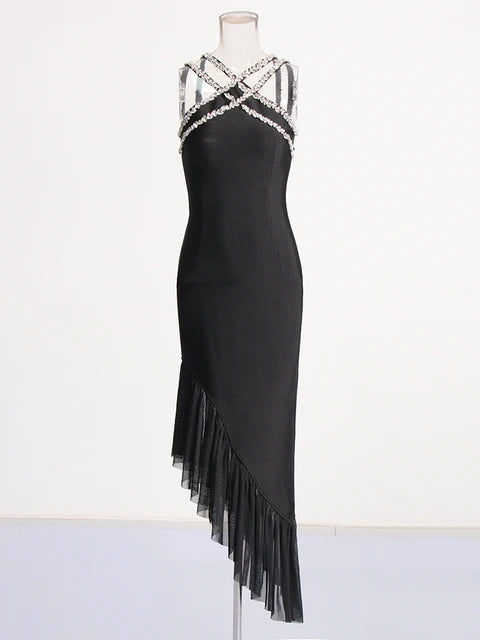 Pre Order:  Black Spliced Mesh Mid-Back Dress