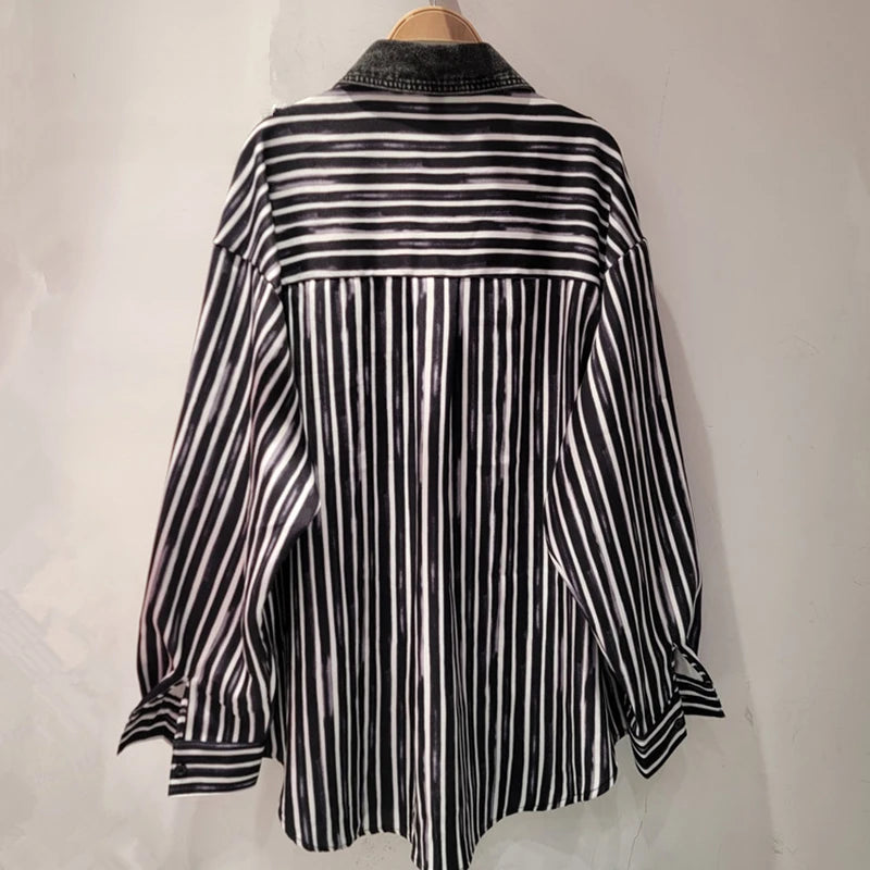 Pre Order: Long Sleeve Striped Spliced Loose Casual Shirt