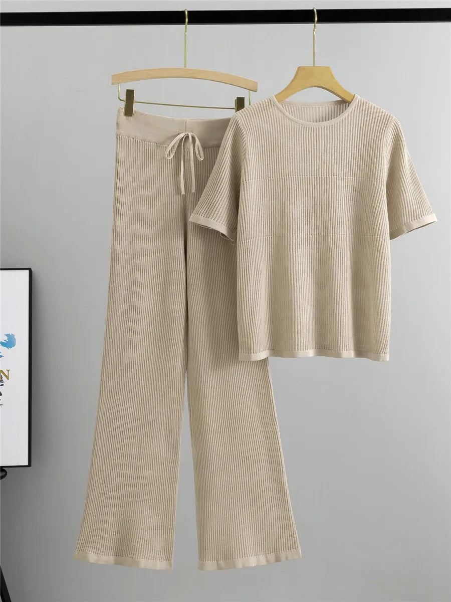 Pre Order: Semi Transparent Loose Knit T-Shirt + Wide Leg Pants Set