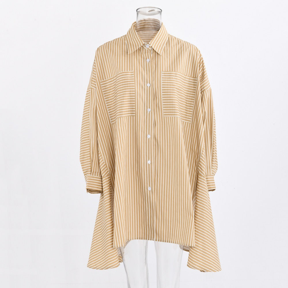 Pre Order: Loose Striped Single Breasted Irregular Long Shirt