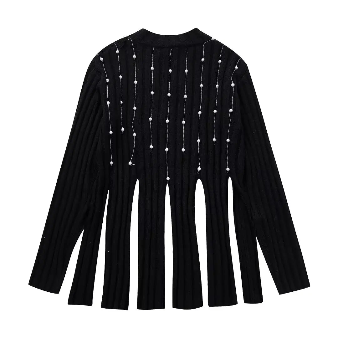 Pre Order:  Knitted Black Faux-Pearls Tassels Sweater