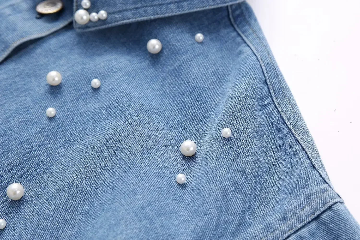 Faux Pearls Beaded Denim Shirt