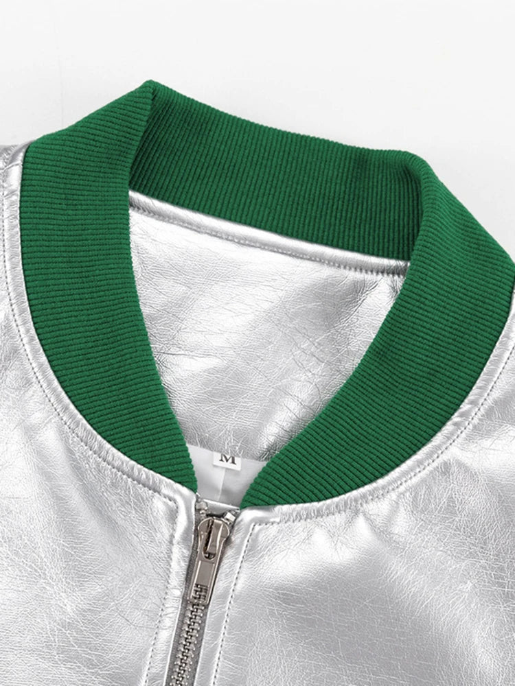 Pre Order:  Glossy Spliced Trims Zip-Up Collar