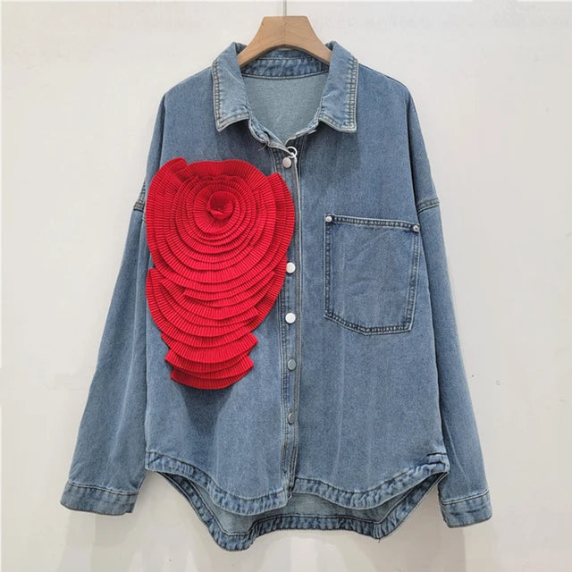 Pleated Flower Casual Denim Shirt