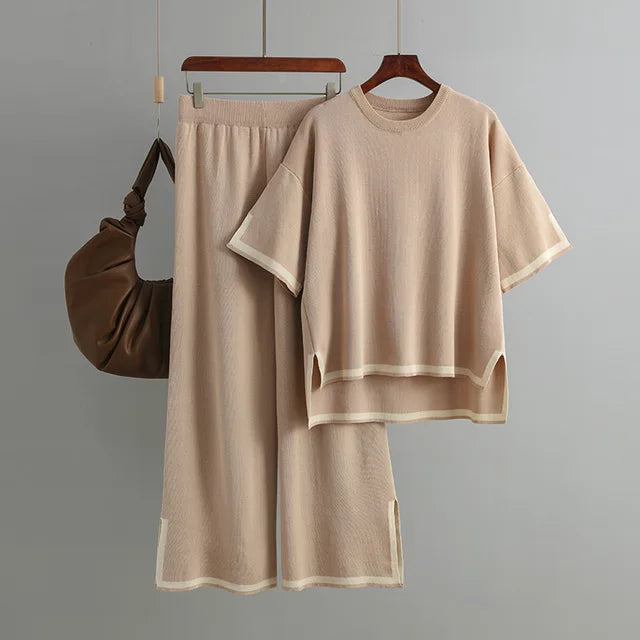 Round Neck Short Sleeve Loose Top + High Waist Pants