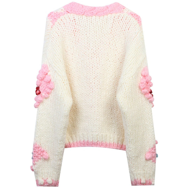 Color Block Hand Hooked Floral Sequin Knit Cardigan