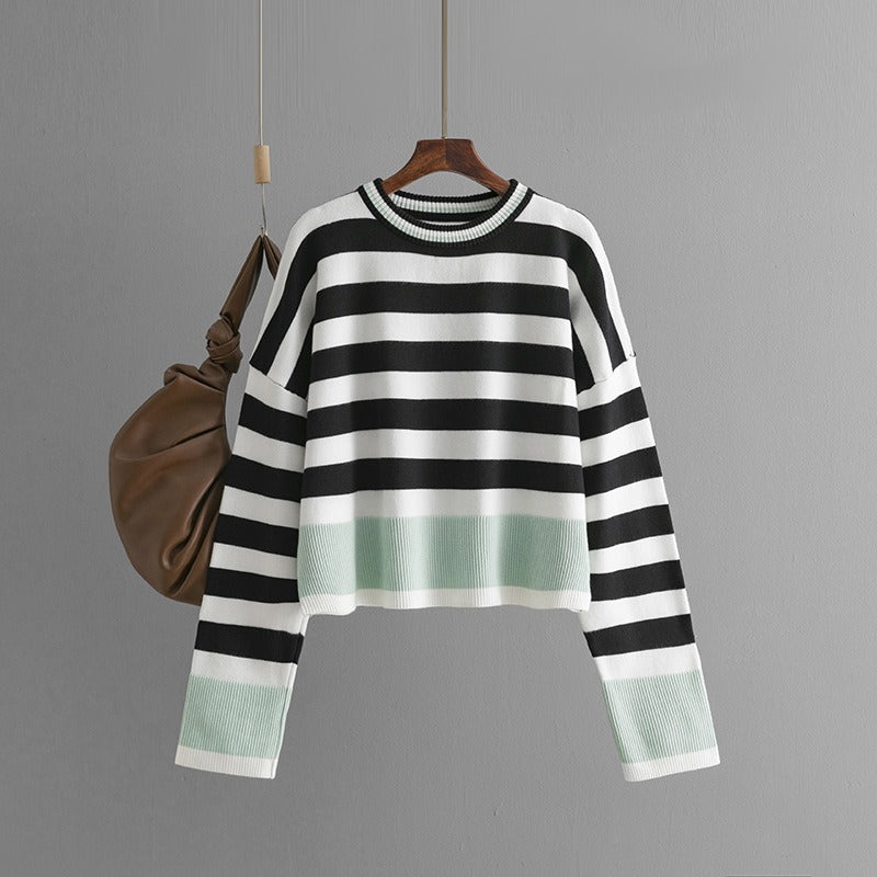 Pre Order:  Casual Striped Long Sleeved Round Neck Knitted Sweater