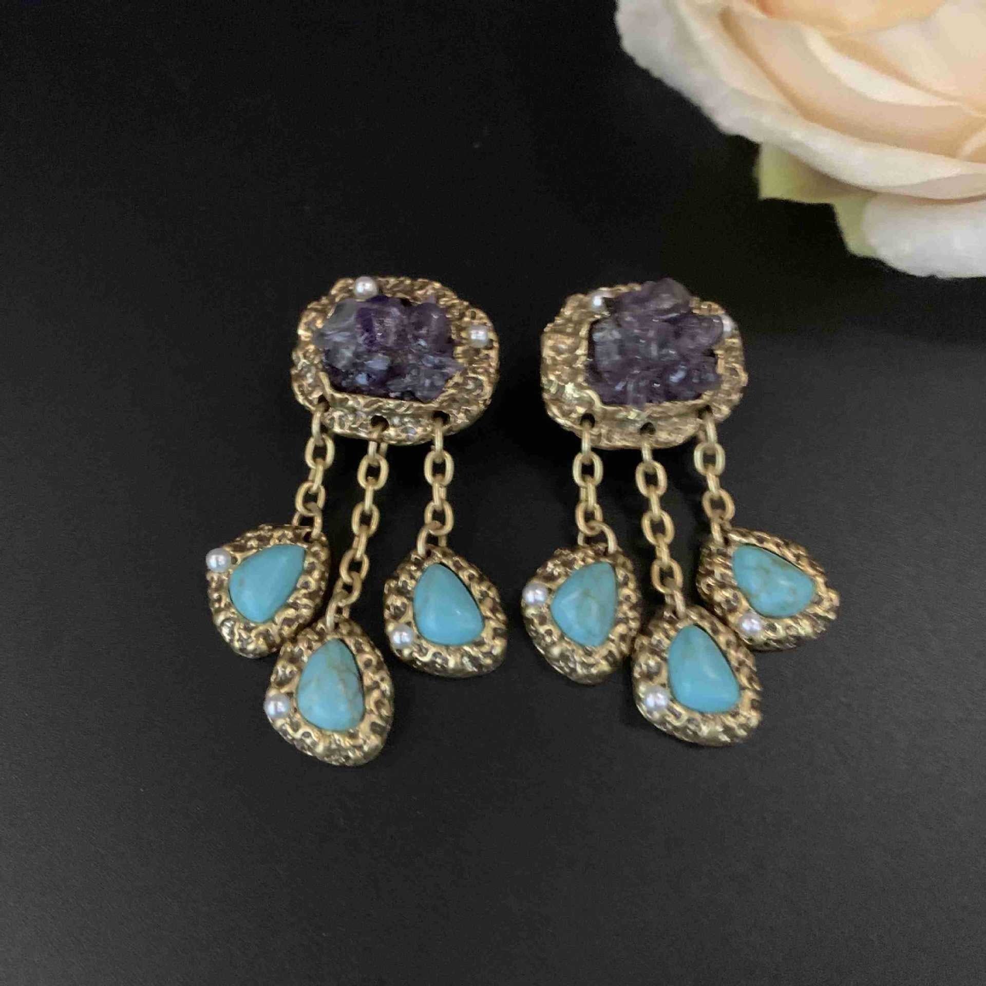 Pre Order:  Vintage Heavy Amethyst Turquoise Tassel Earrings