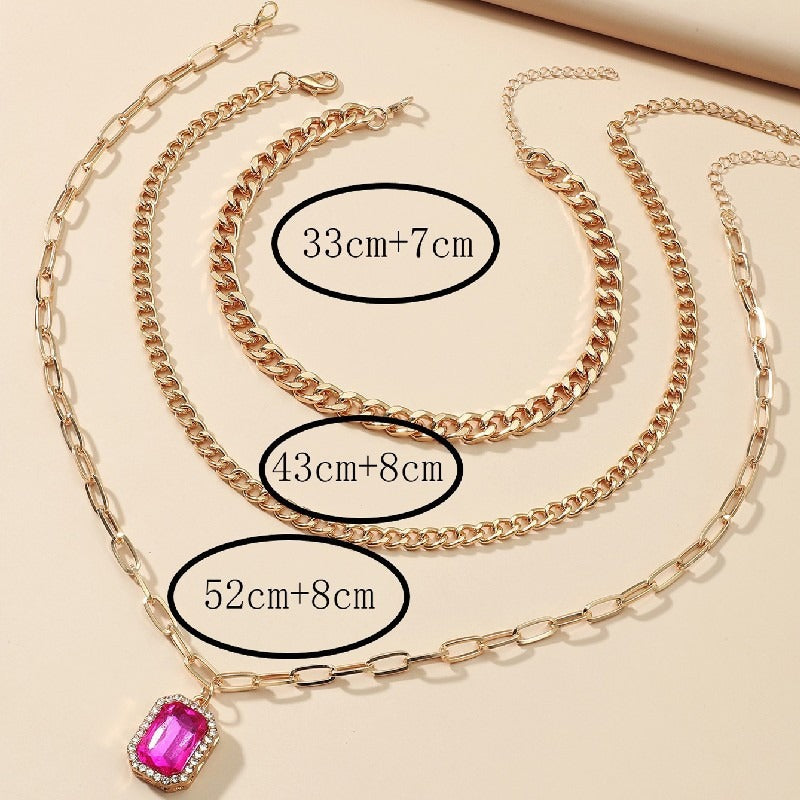 Pre Order:  Diamond Inlaid Multi-Layer Square Pendant Three-Piece Necklace Set