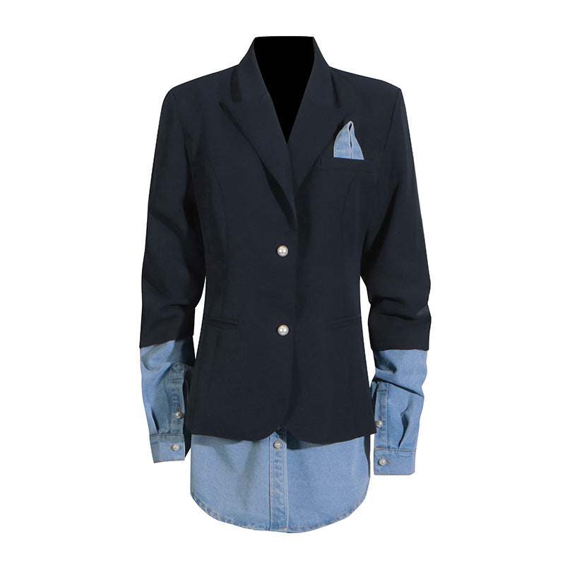 Spliced Denim Long Sleeved Black Blazer