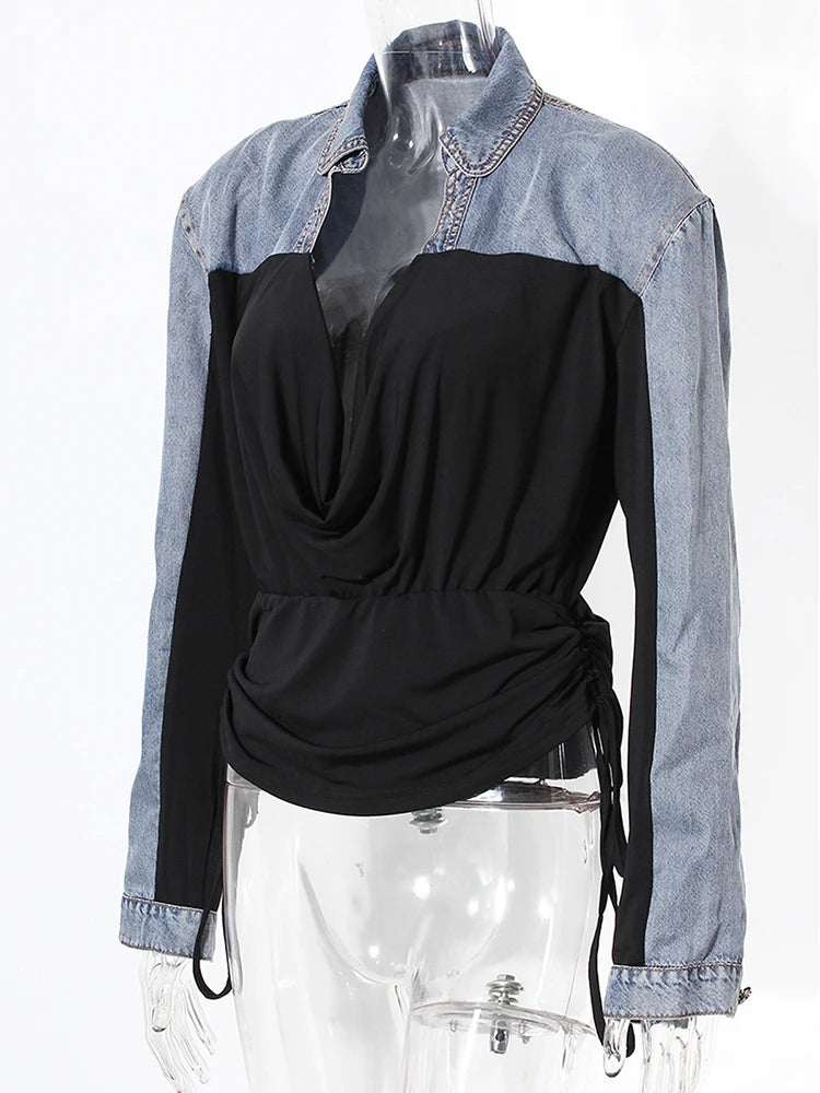 Pre Order:  Denim Drawstring Pleated V-Neck Long Sleeve Shirt