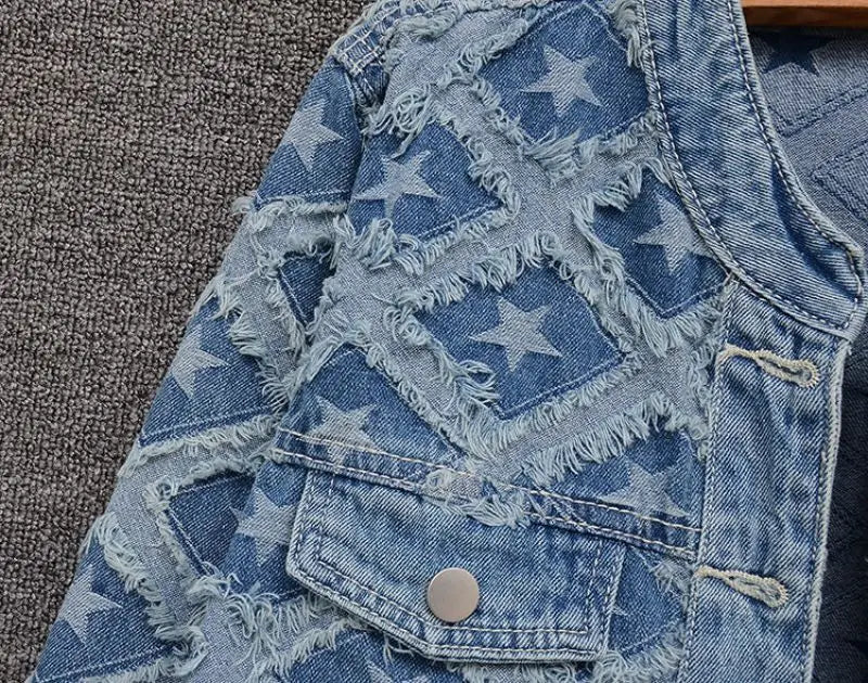 Pre Order:  Fringed Star Parches Denim Jacket